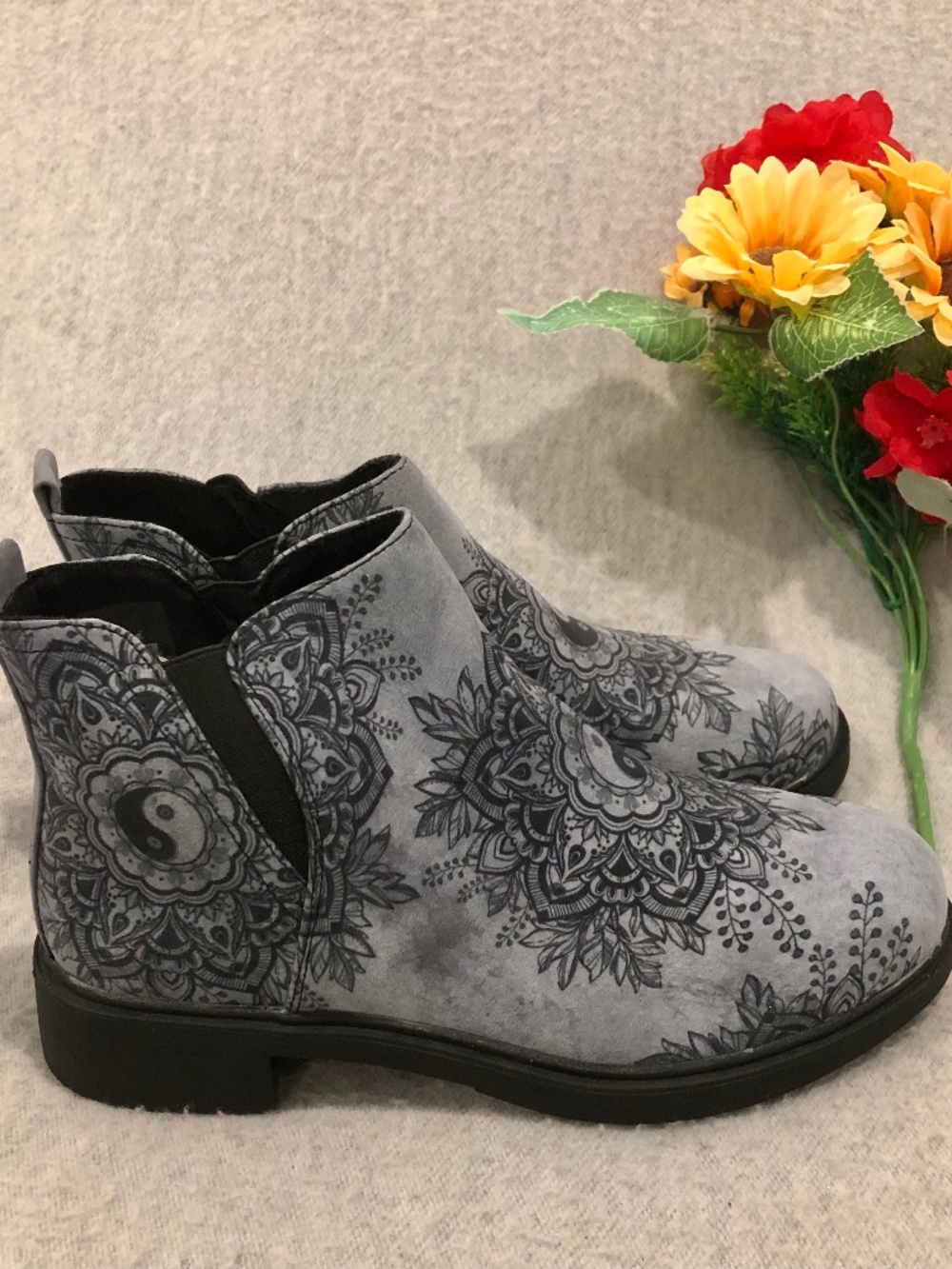 NWOT - Gray Floral-Print Chelsea Ankle Boots